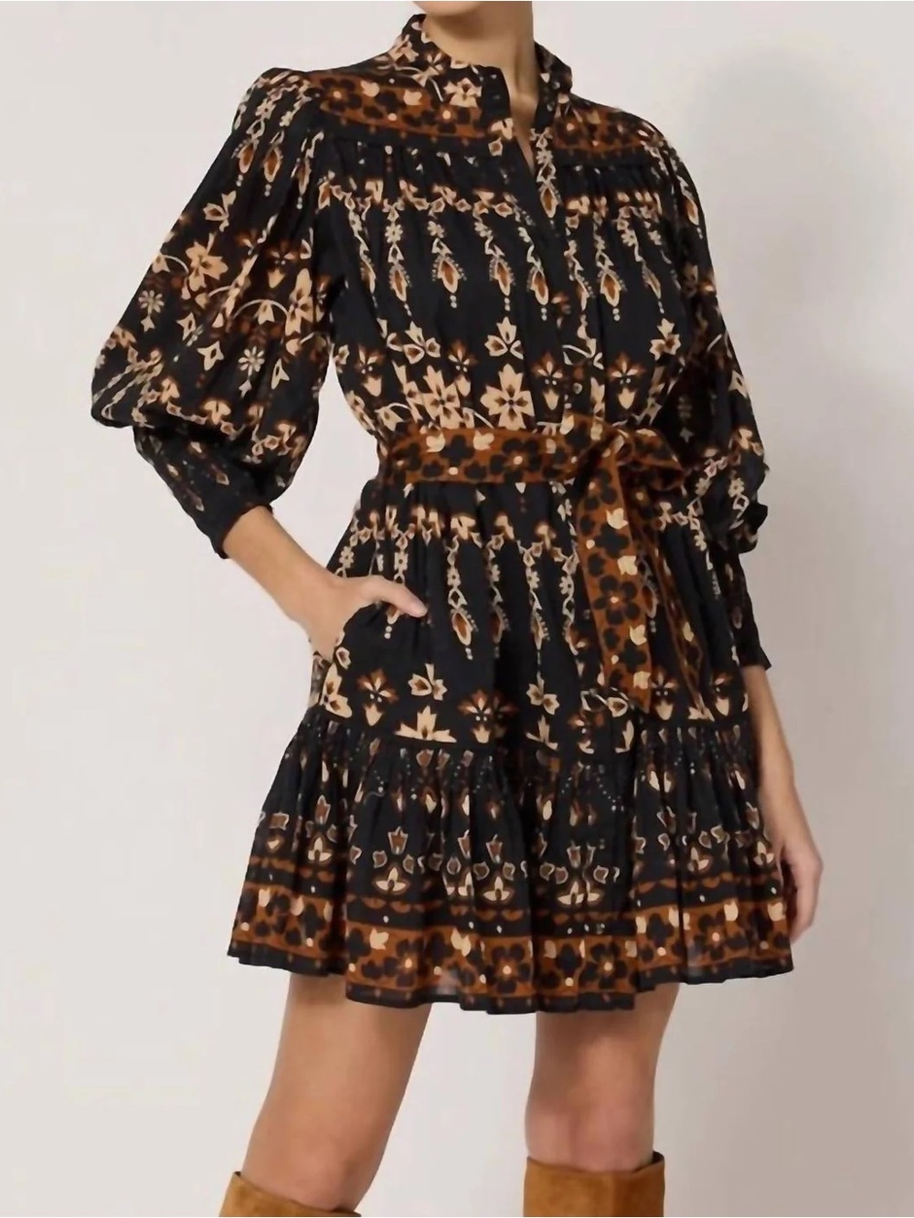 Cleobella Black & Brown Floral-Print Boho Tie-Waist Mini Dress vanessa